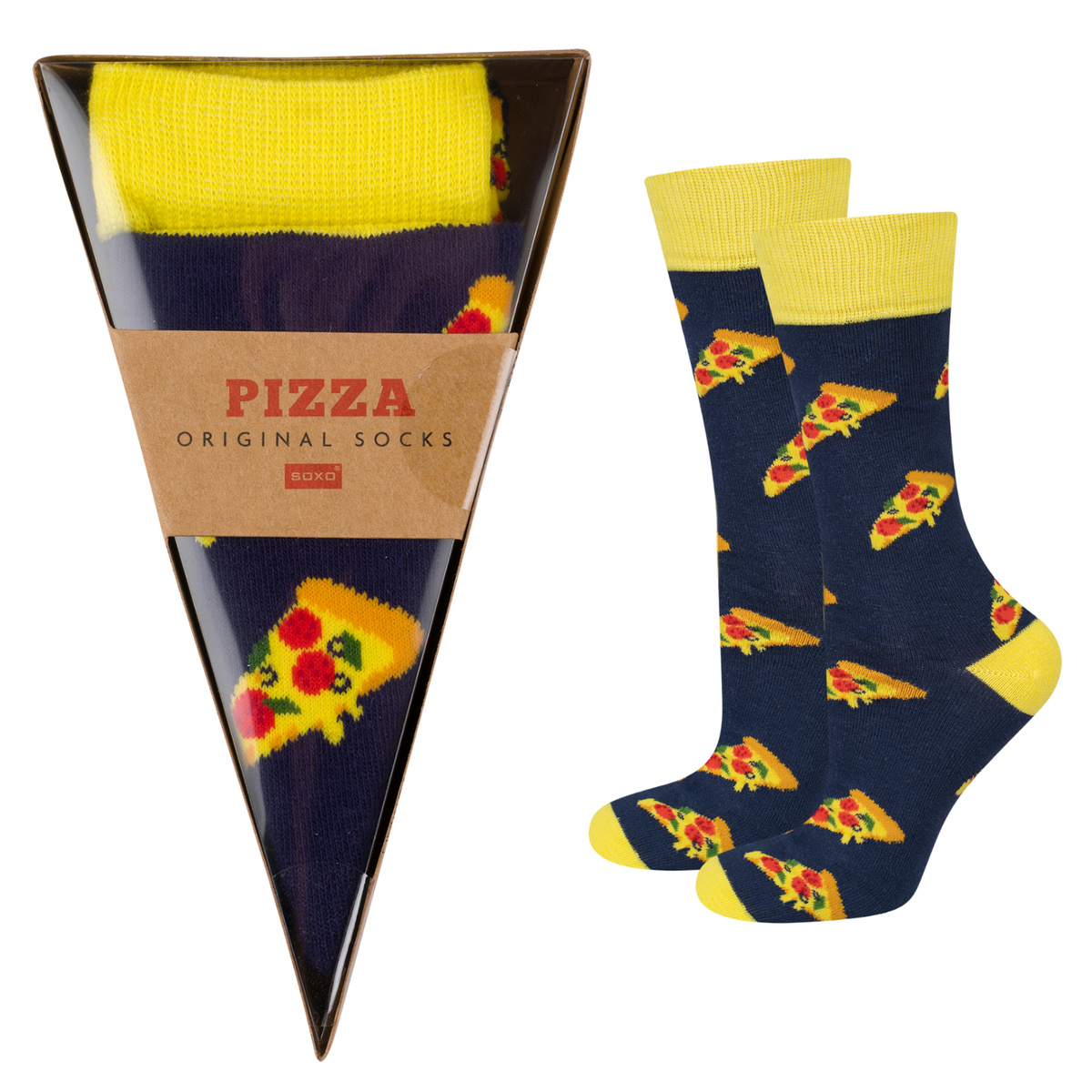 Bunte Herrensocken | Frauen SOXO mit einer Pizza in einer Schachtel