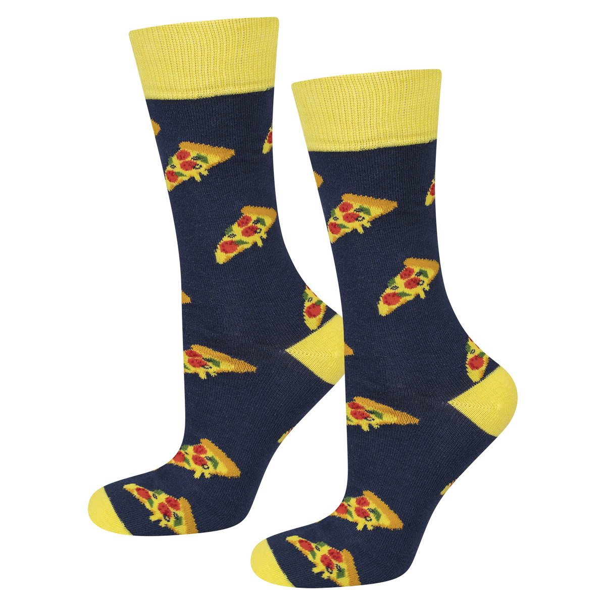Bunte Herrensocken | Frauen SOXO mit einer Pizza in einer Schachtel