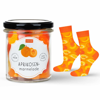 Socken mit Aprikosenmarmeladen-Motiv im Glas