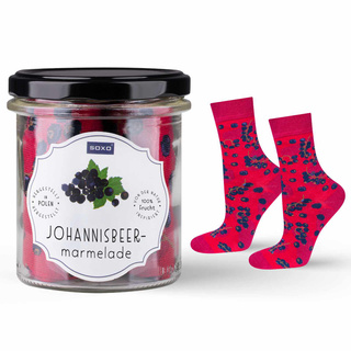 Socken mit Johannisbeermarmeladen-Motiv im Glas