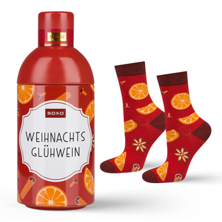 Socken mit Glühwein-Motiv in Flaschenverpackung