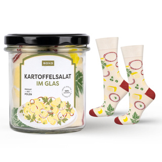 Socken mit Kartoffelsalat-Motiv im Glas