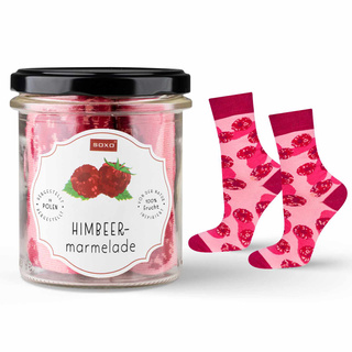 Socken mit Himbeermarmeladen-Motiv im Glas